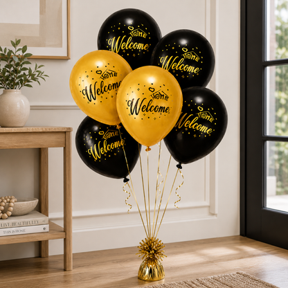 Black & Gold Welcome Home Latex Balloons (12 Inch, Pack of 6) Helium Filled & Delivered Inflated