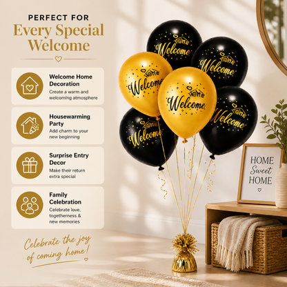 Black & Gold Welcome Home Latex Balloons (12 Inch, Pack of 6) Helium Filled & Delivered Inflated