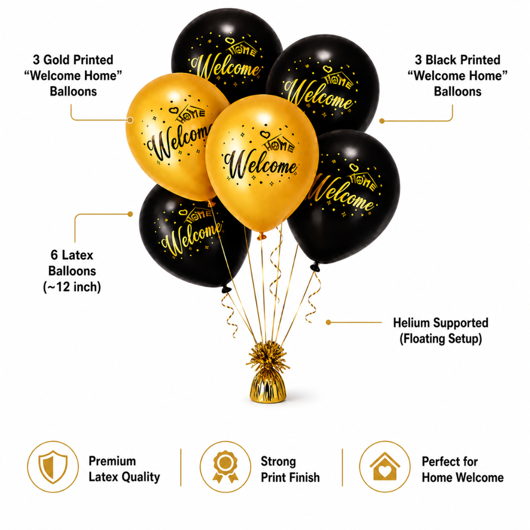 Black & Gold Welcome Home Latex Balloons (12 Inch, Pack of 6) Helium Filled & Delivered Inflated