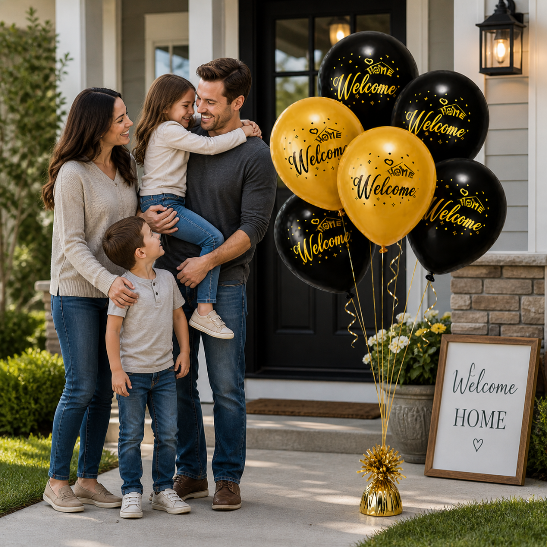 Black & Gold Welcome Home Latex Balloons (12 Inch, Pack of 6) Helium Filled & Delivered Inflated