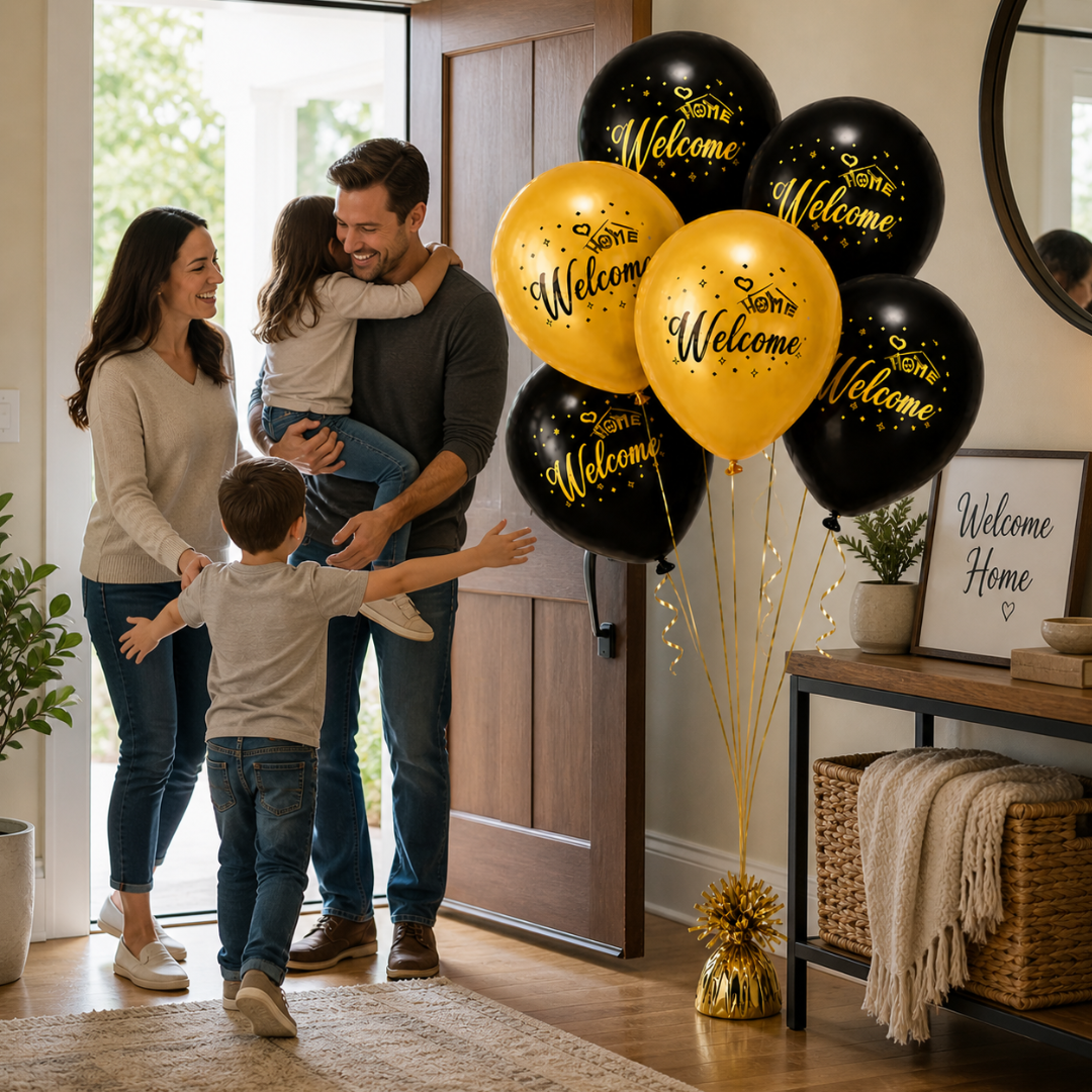 Black & Gold Welcome Home Latex Balloons (12 Inch, Pack of 6) Helium Filled & Delivered Inflated