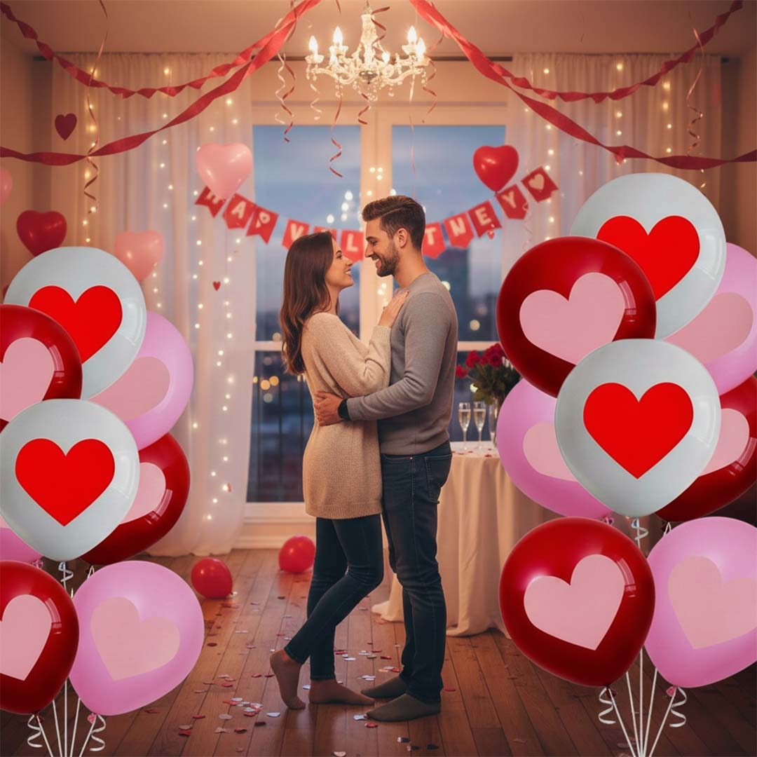 Red White Pink Heart Printed Latex Balloons 12" - Pack of 6