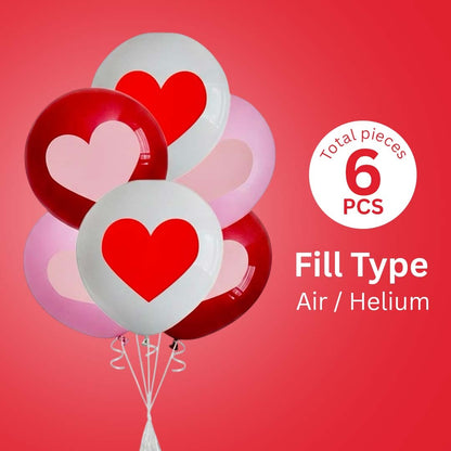 Red White Pink Heart Printed Latex Balloons 12" - Pack of 6
