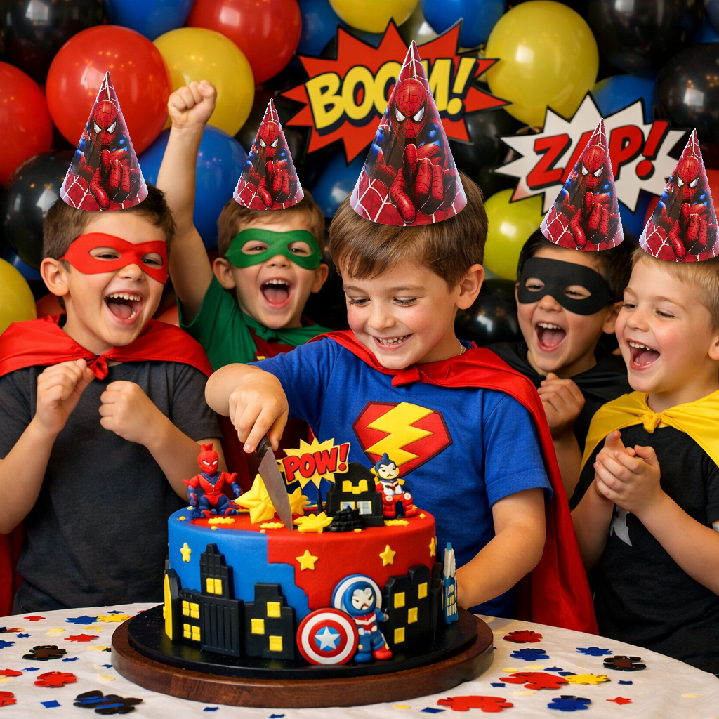 Spiderman Theme Birthday Caps - 8PC