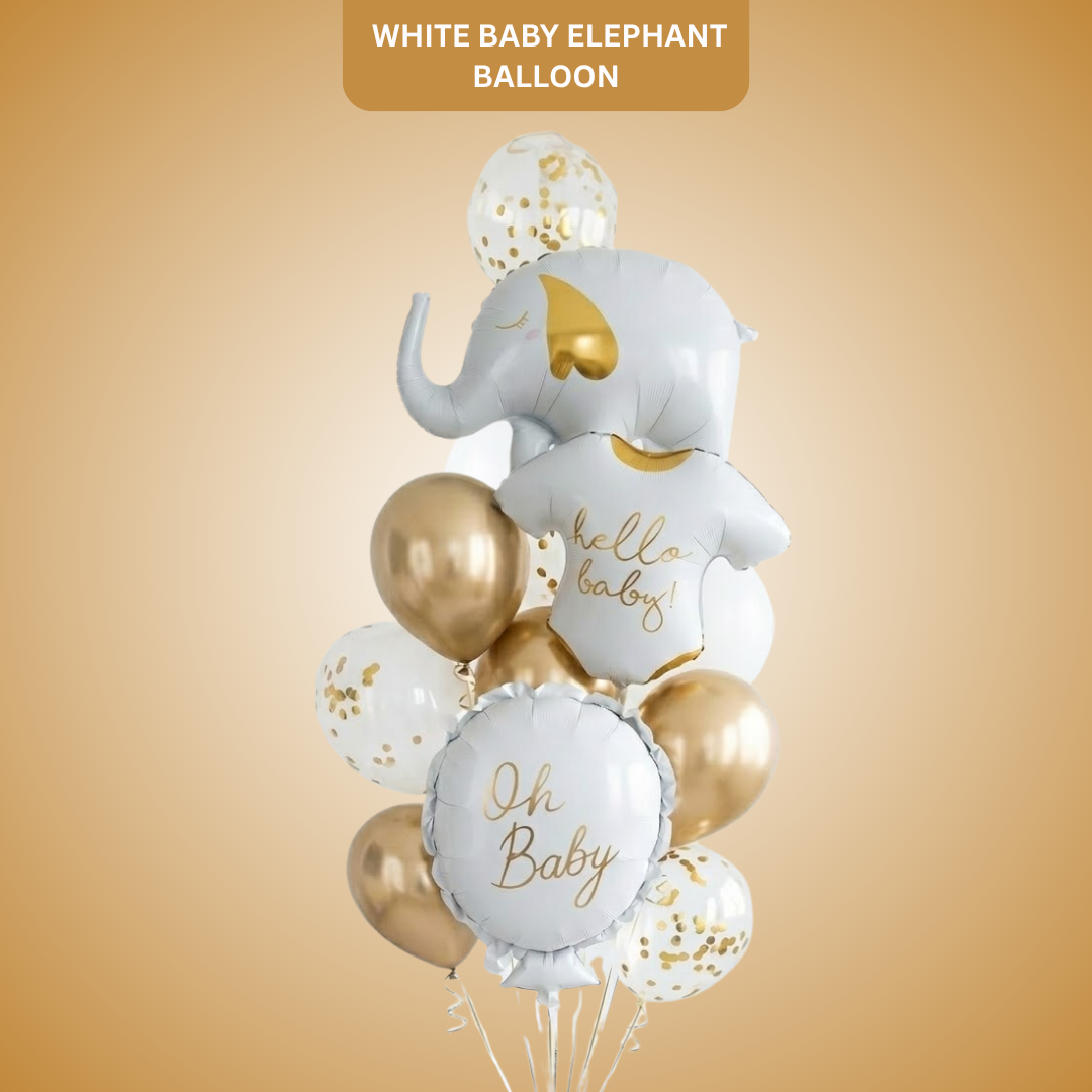Hello Baby White Elephant Balloon Set Pack of 12 | Baby Shower Decoration Balloons | Neutral Gold & White Theme for Newborn Celebration
