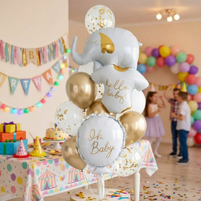 Hello Baby White Elephant Balloon Set Pack of 12 | Baby Shower Decoration Balloons | Neutral Gold & White Theme for Newborn Celebration