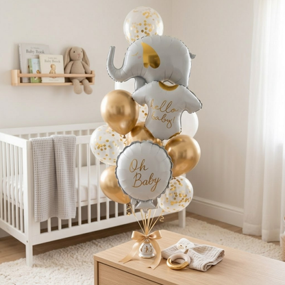 Hello Baby White Elephant Balloon Set Pack of 12 | Baby Shower Decoration Balloons | Neutral Gold & White Theme for Newborn Celebration