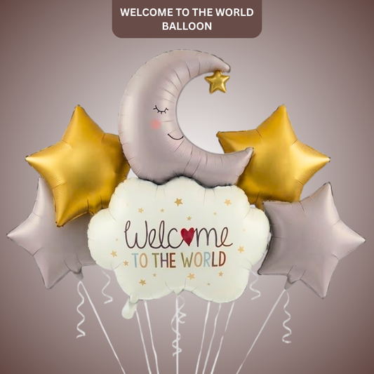 Welcome to the World Baby Balloon Set of 5 | Newborn Arrival Decoration | Moon & Stars Theme Baby Shower Balloons