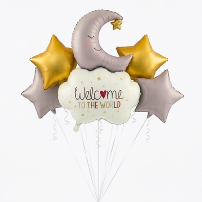 Welcome to the World Baby Balloon Set of 5 | Newborn Arrival Decoration | Moon & Stars Theme Baby Shower Balloons