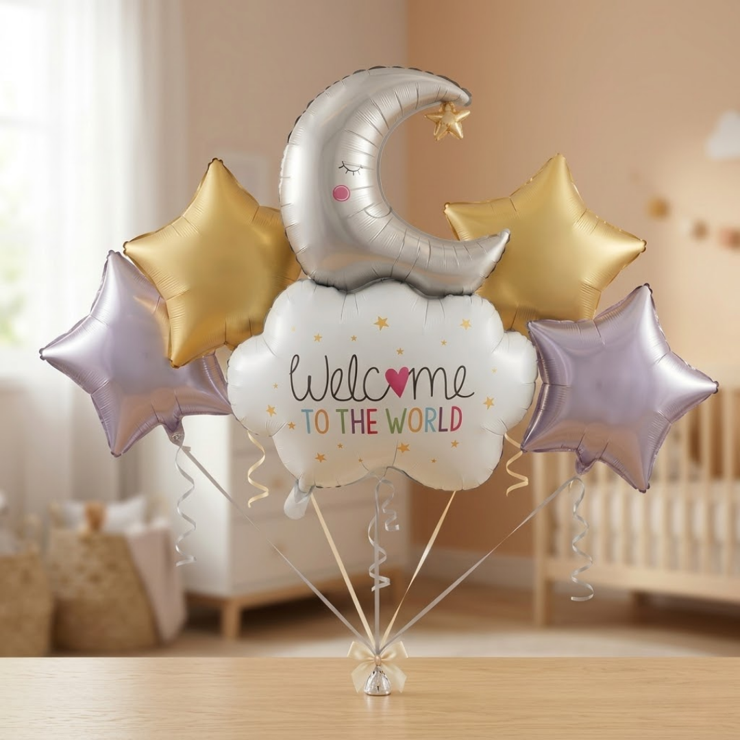 Welcome to the World Baby Balloon Set of 5 | Newborn Arrival Decoration | Moon & Stars Theme Baby Shower Balloons