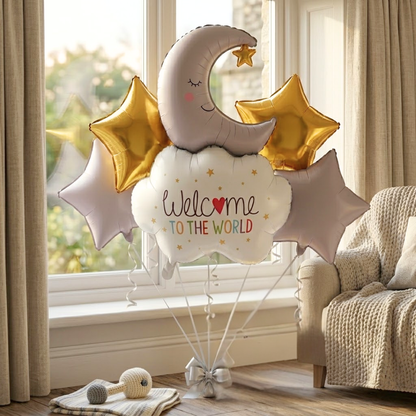 Welcome to the World Baby Balloon Set of 5 | Newborn Arrival Decoration | Moon & Stars Theme Baby Shower Balloons