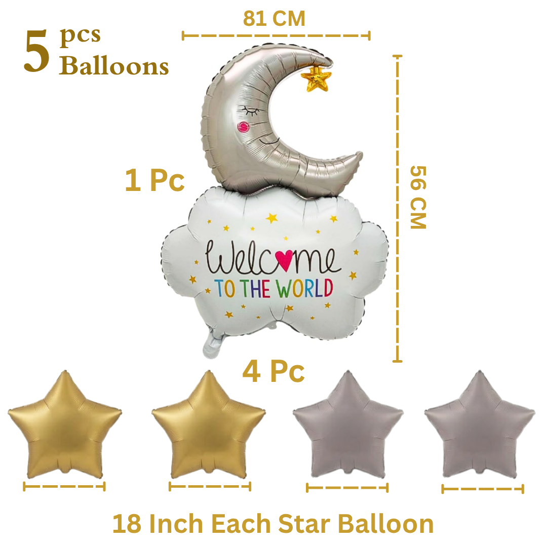 Welcome to the World Baby Balloon Set of 5 | Newborn Arrival Decoration | Moon & Stars Theme Baby Shower Balloons