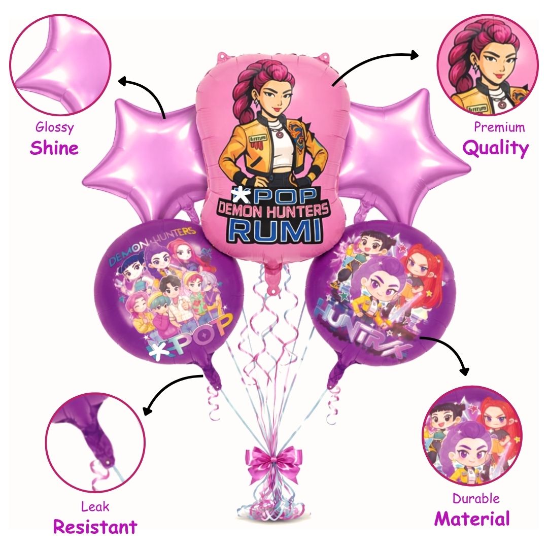 Korean Pop Demon Huntrix Theme Foil Balloon Set of 5 | Music Theme Party Balloons | Kids Birthday Decoration
