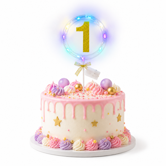 Round Light Up Golden Number 1 LED Cake Topper | Golden Glitter Number with built in light string & Bow | Cake Decoration Kit - 1PC