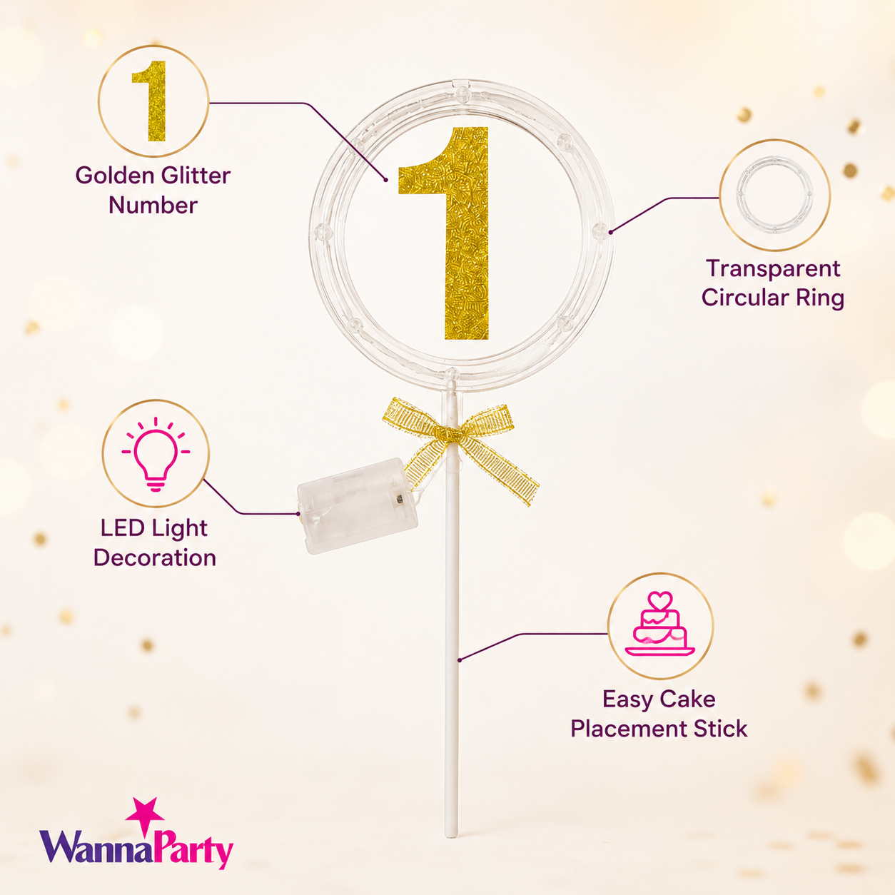 Round Light Up Golden Number 1 LED Cake Topper | Golden Glitter Number with built in light string & Bow | Cake Decoration Kit - 1PC