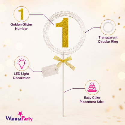 Round Light Up Golden Number 1 LED Cake Topper | Golden Glitter Number with built in light string & Bow | Cake Decoration Kit - 1PC