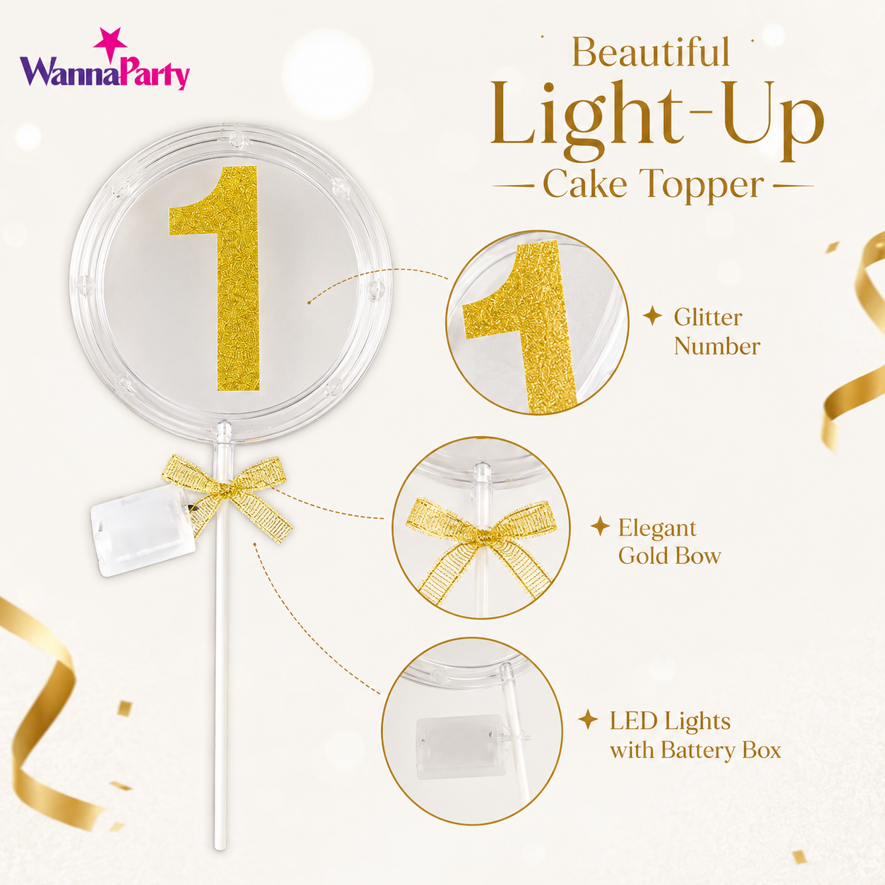 Round Light Up Golden Number 1 LED Cake Topper | Golden Glitter Number with built in light string & Bow | Cake Decoration Kit - 1PC