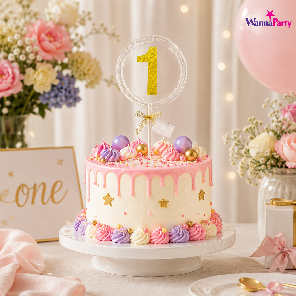 Round Light Up Golden Number 1 LED Cake Topper | Golden Glitter Number with built in light string & Bow | Cake Decoration Kit - 1PC