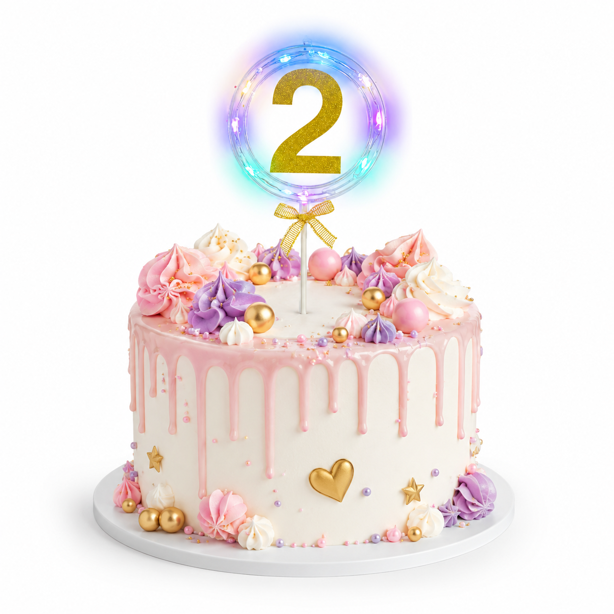 Round Light Up Golden Number 2 LED Cake Topper | Golden Glitter Number with built in light string & Bow | Cake Decoration Kit - 1PC