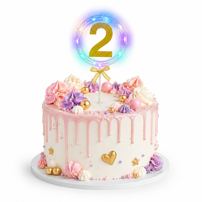 Round Light Up Golden Number 2 LED Cake Topper | Golden Glitter Number with built in light string & Bow | Cake Decoration Kit - 1PC