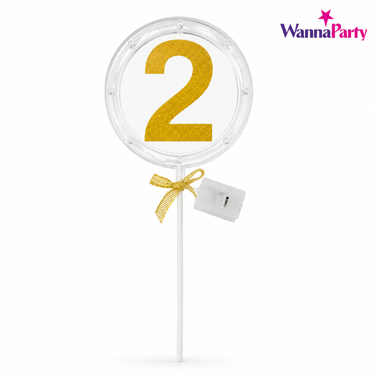Round Light Up Golden Number 2 LED Cake Topper | Golden Glitter Number with built in light string & Bow | Cake Decoration Kit - 1PC