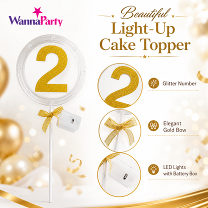 Round Light Up Golden Number 2 LED Cake Topper | Golden Glitter Number with built in light string & Bow | Cake Decoration Kit - 1PC