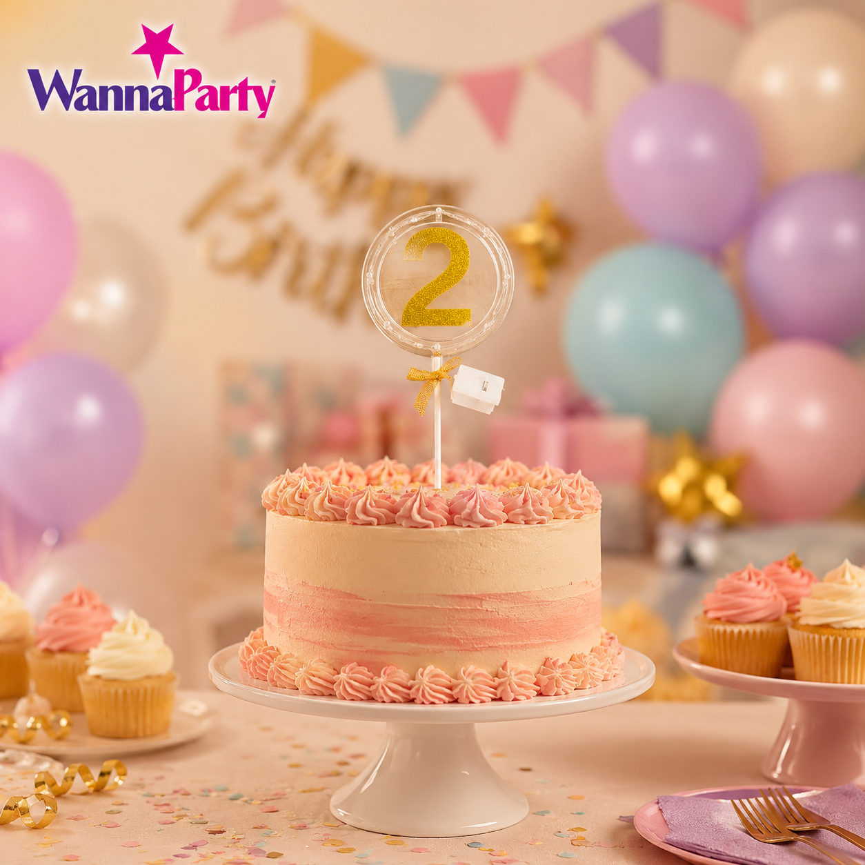 Round Light Up Golden Number 2 LED Cake Topper | Golden Glitter Number with built in light string & Bow | Cake Decoration Kit - 1PC