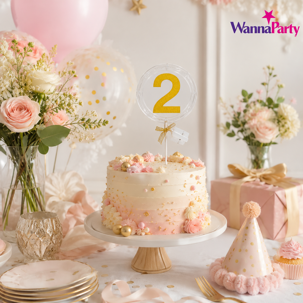Round Light Up Golden Number 2 LED Cake Topper | Golden Glitter Number with built in light string & Bow | Cake Decoration Kit - 1PC
