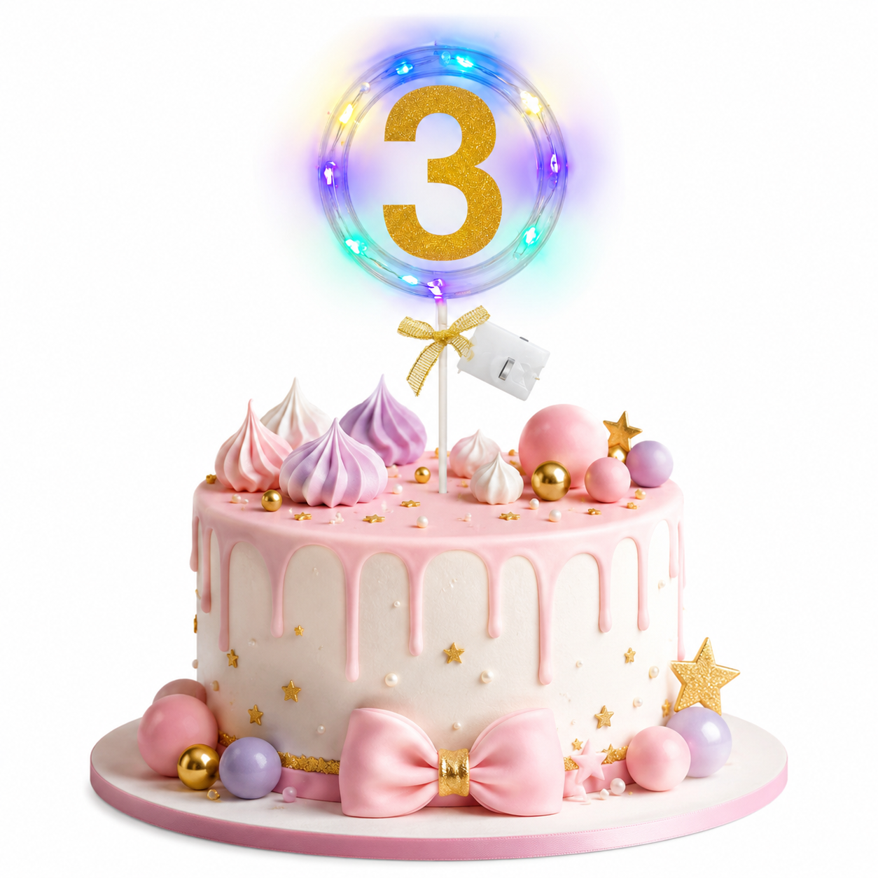 Round Light Up Golden Number 3 LED Cake Topper | Golden Glitter Number with built in light string & Bow | Cake Decoration Kit - 1PC