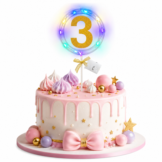 Round Light Up Golden Number 3 LED Cake Topper | Golden Glitter Number with built in light string & Bow | Cake Decoration Kit - 1PC