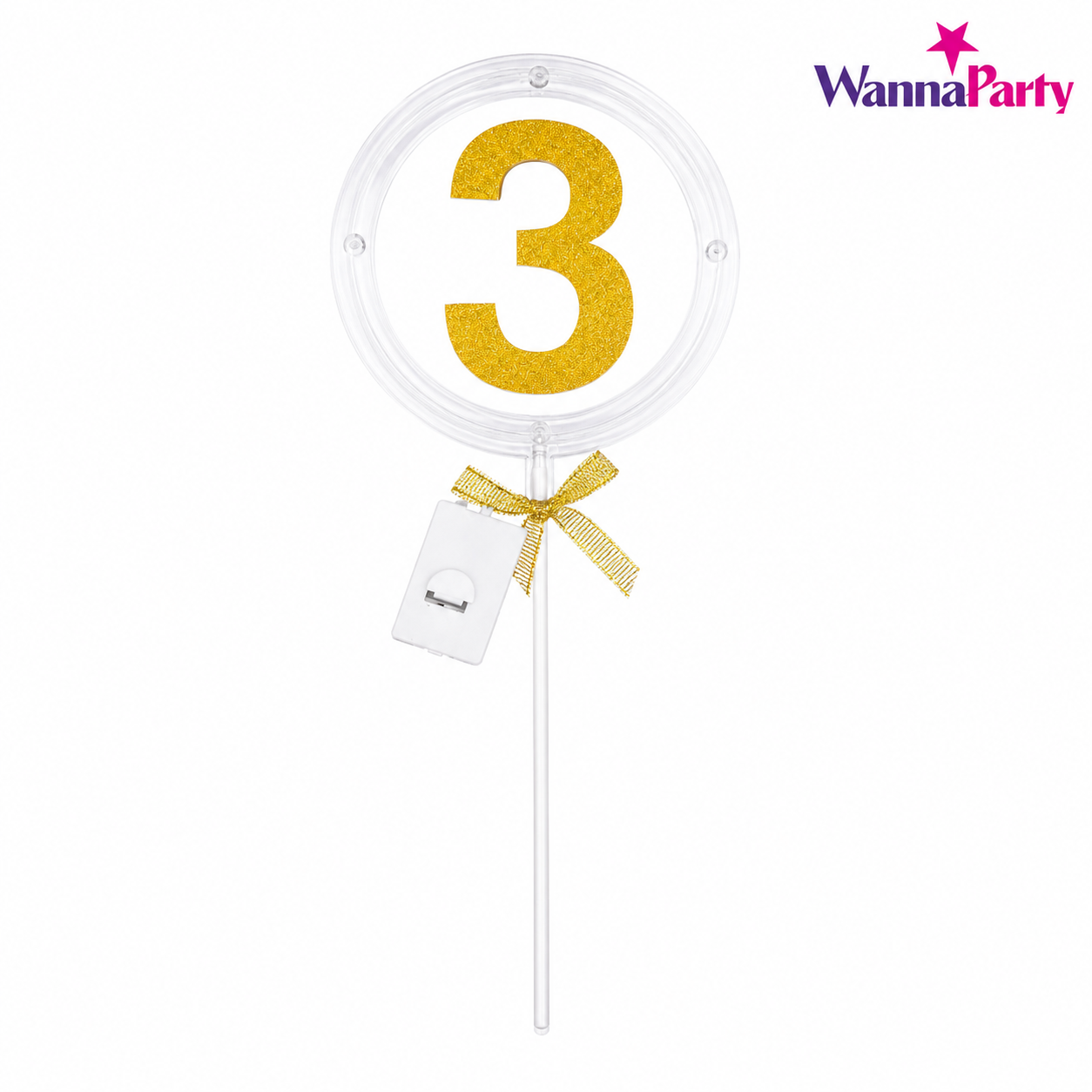 Round Light Up Golden Number 3 LED Cake Topper | Golden Glitter Number with built in light string & Bow | Cake Decoration Kit - 1PC