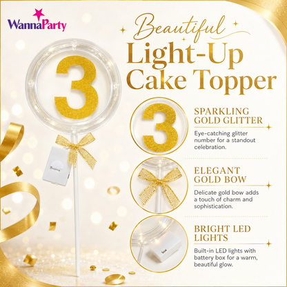 Round Light Up Golden Number 3 LED Cake Topper | Golden Glitter Number with built in light string & Bow | Cake Decoration Kit - 1PC