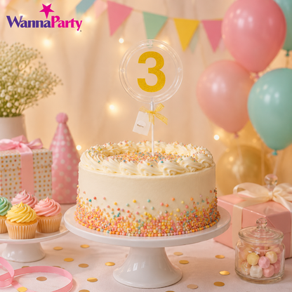 Round Light Up Golden Number 3 LED Cake Topper | Golden Glitter Number with built in light string & Bow | Cake Decoration Kit - 1PC