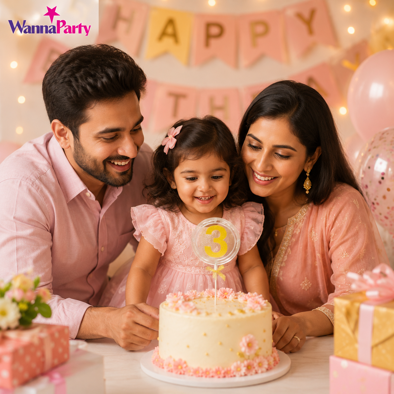 Round Light Up Golden Number 3 LED Cake Topper | Golden Glitter Number with built in light string & Bow | Cake Decoration Kit - 1PC