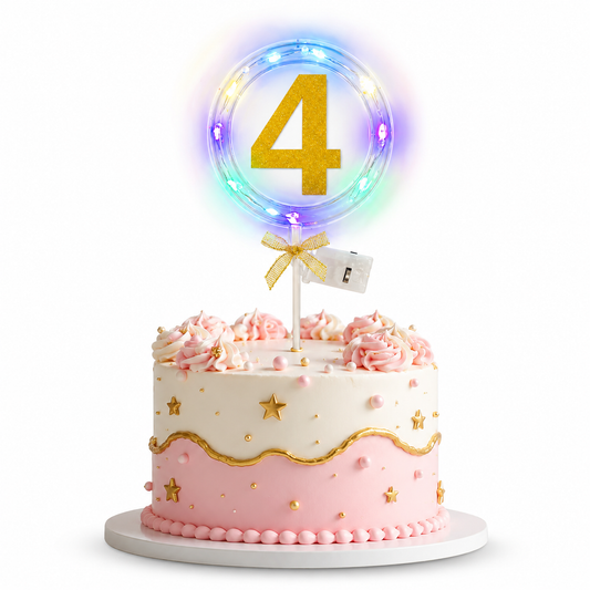 Round Light Up Golden Number 4 LED Cake Topper | Golden Glitter Number with built in light string & Bow | Cake Decoration Kit - 1PC