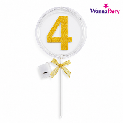 Round Light Up Golden Number 4 LED Cake Topper | Golden Glitter Number with built in light string & Bow | Cake Decoration Kit - 1PC