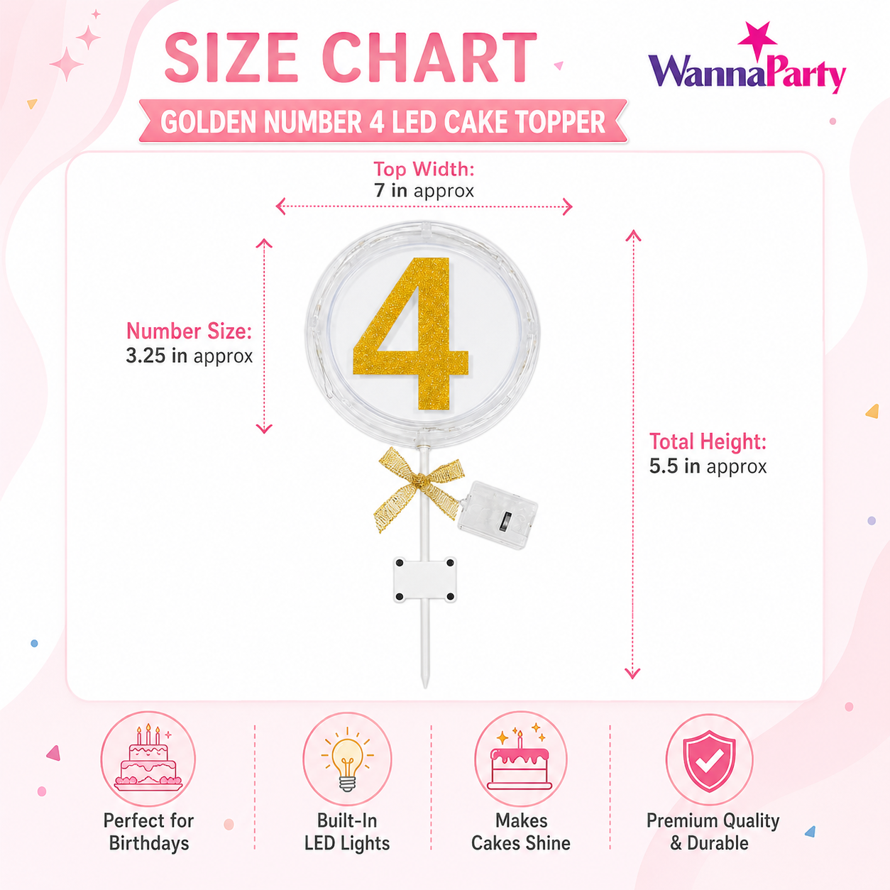Round Light Up Golden Number 4 LED Cake Topper | Golden Glitter Number with built in light string & Bow | Cake Decoration Kit - 1PC
