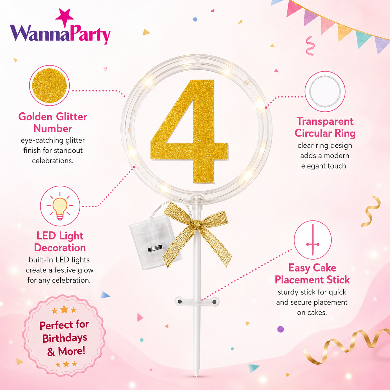 Round Light Up Golden Number 4 LED Cake Topper | Golden Glitter Number with built in light string & Bow | Cake Decoration Kit - 1PC