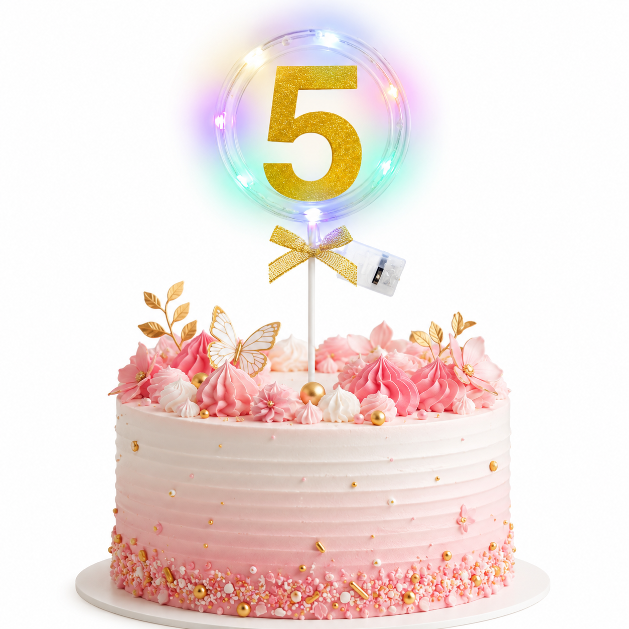 Round Light Up Golden Number 5 LED Cake Topper | Golden Glitter Number with built in light string & Bow | Cake Decoration Kit - 1PC