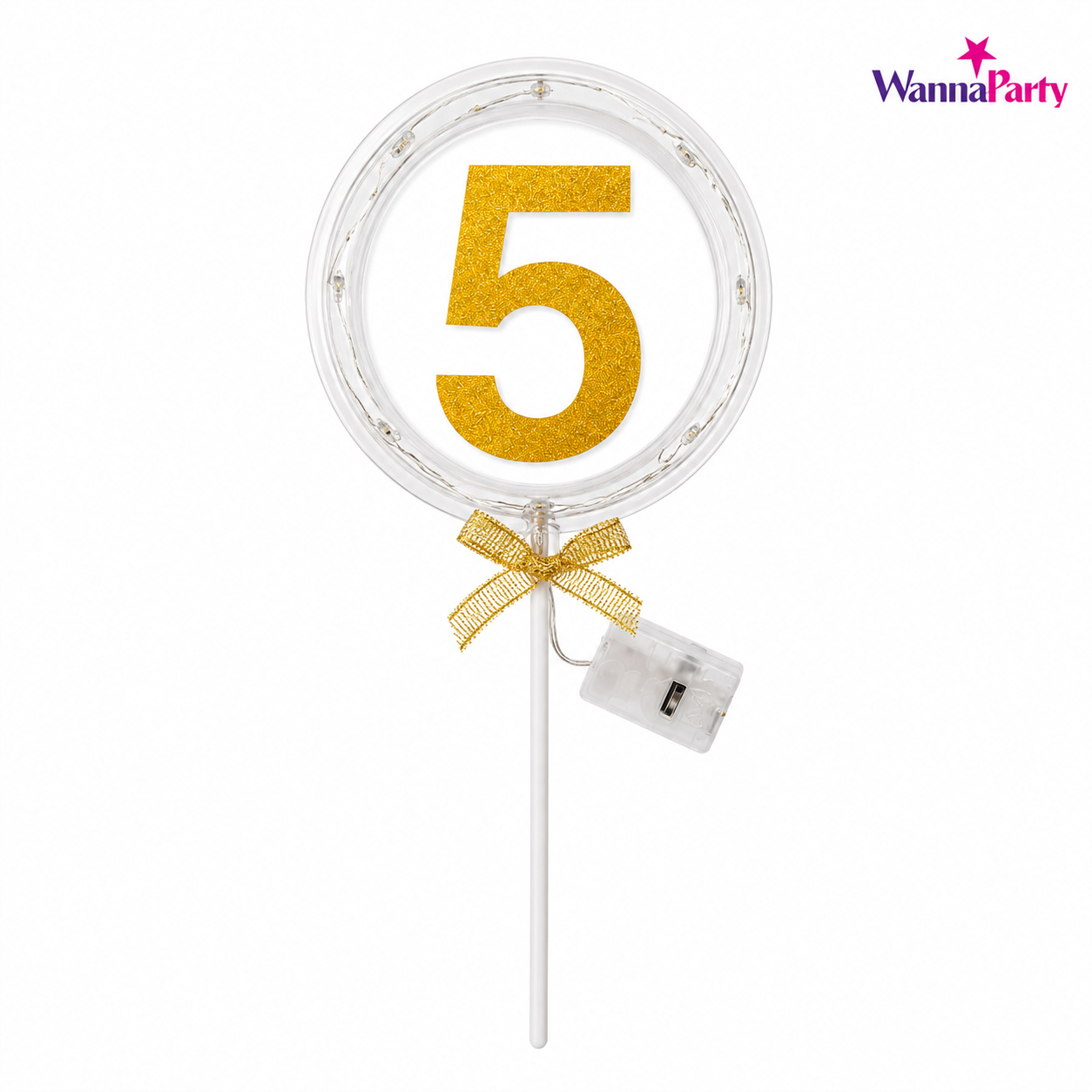 Round Light Up Golden Number 5 LED Cake Topper | Golden Glitter Number with built in light string & Bow | Cake Decoration Kit - 1PC