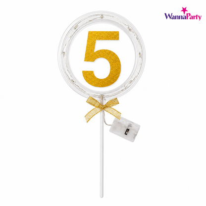 Round Light Up Golden Number 5 LED Cake Topper | Golden Glitter Number with built in light string & Bow | Cake Decoration Kit - 1PC
