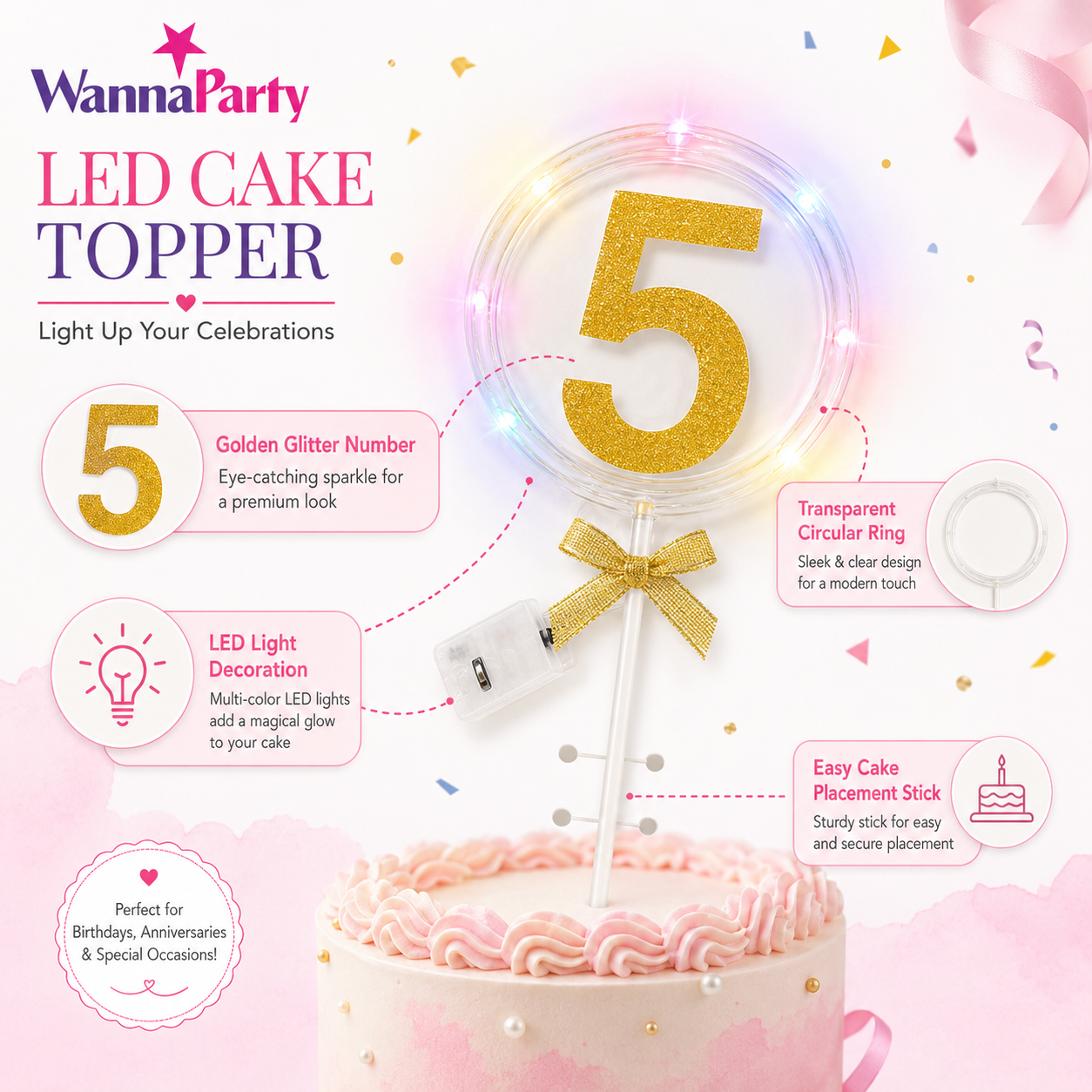 Round Light Up Golden Number 5 LED Cake Topper | Golden Glitter Number with built in light string & Bow | Cake Decoration Kit - 1PC