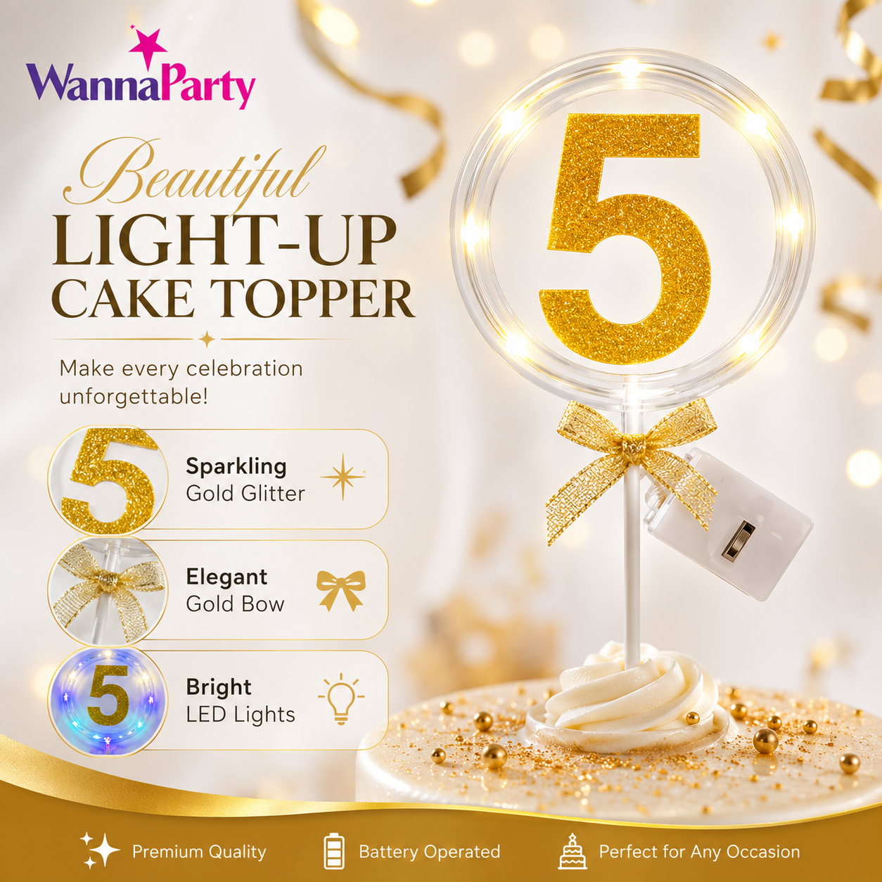 Round Light Up Golden Number 5 LED Cake Topper | Golden Glitter Number with built in light string & Bow | Cake Decoration Kit - 1PC