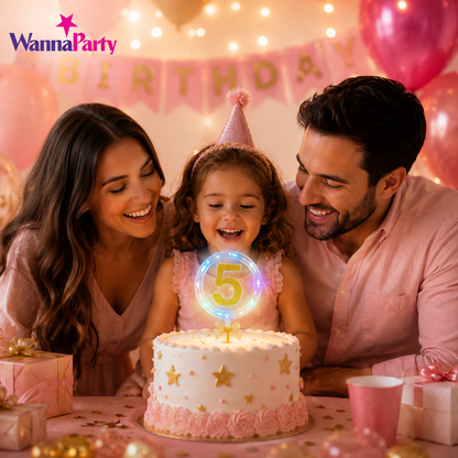 Round Light Up Golden Number 5 LED Cake Topper | Golden Glitter Number with built in light string & Bow | Cake Decoration Kit - 1PC