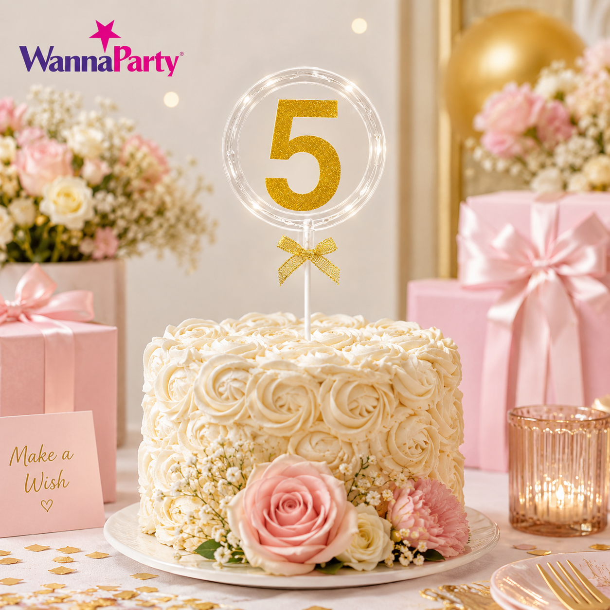 Round Light Up Golden Number 5 LED Cake Topper | Golden Glitter Number with built in light string & Bow | Cake Decoration Kit - 1PC