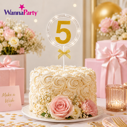 Round Light Up Golden Number 5 LED Cake Topper | Golden Glitter Number with built in light string & Bow | Cake Decoration Kit - 1PC