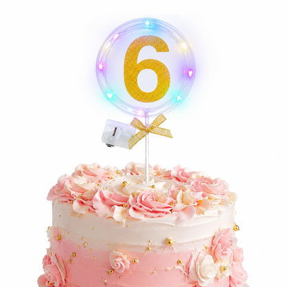 Round Light Up Golden Number 6 LED Cake Topper | Golden Glitter Number with built in light string & Bow | Cake Decoration Kit - 1PC