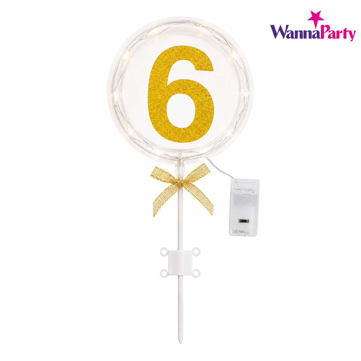 Round Light Up Golden Number 6 LED Cake Topper | Golden Glitter Number with built in light string & Bow | Cake Decoration Kit - 1PC
