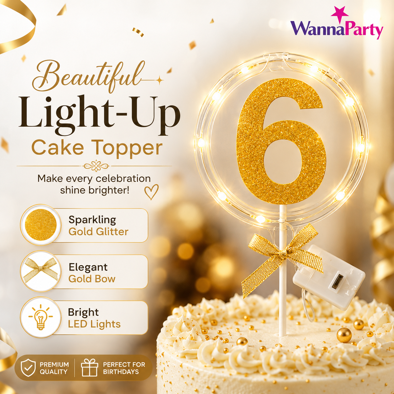 Round Light Up Golden Number 6 LED Cake Topper | Golden Glitter Number with built in light string & Bow | Cake Decoration Kit - 1PC