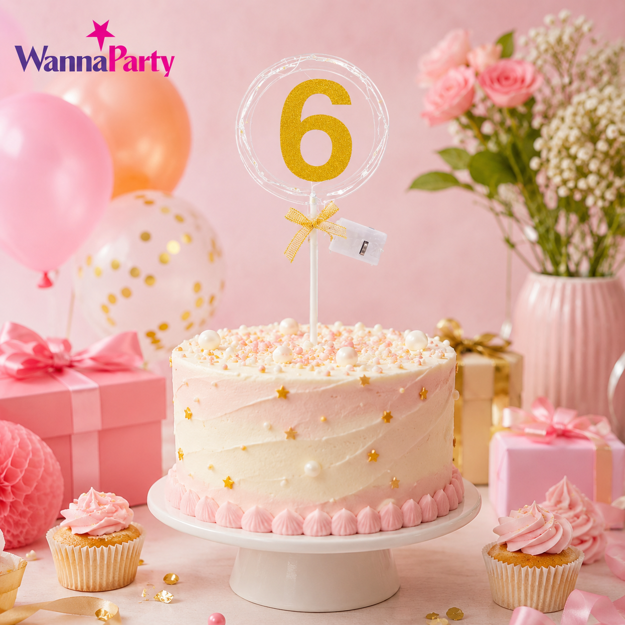 Round Light Up Golden Number 6 LED Cake Topper | Golden Glitter Number with built in light string & Bow | Cake Decoration Kit - 1PC